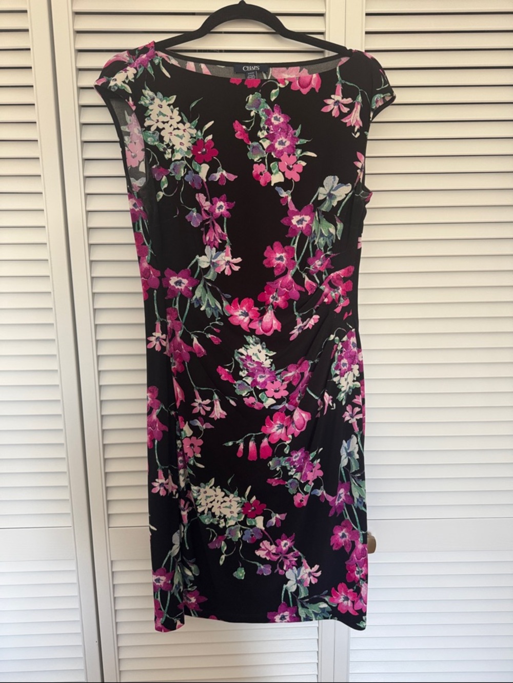 Chaps Black Midi Dress with Pink & Green Floral Print